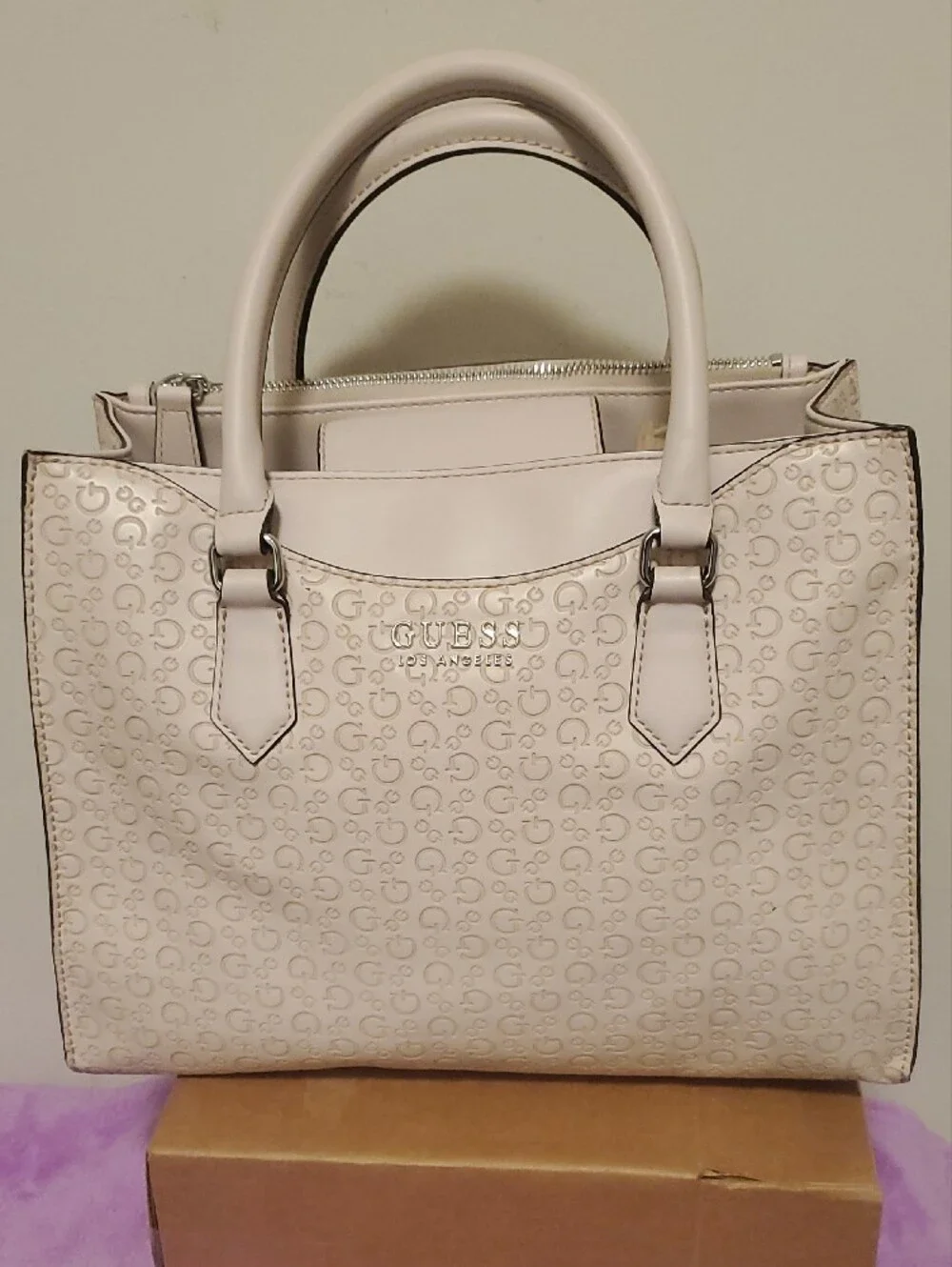 GUESS Ivory Logo Satchel with Dual Top Handles